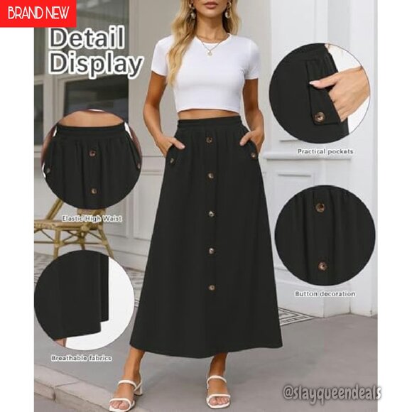 High Waisted A-Line Midi Skirt with Pockets, Stretch Fabric, Button Front - Picture 5 of 7